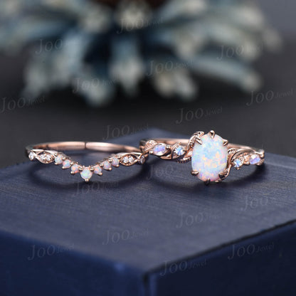 Twig Branch White Opal Ring Set 10K Rose Gold 1.5ct Oval Cut Nature Opal Moonstone Engagement Ring Opal Wedding Band October Birthstone Gift