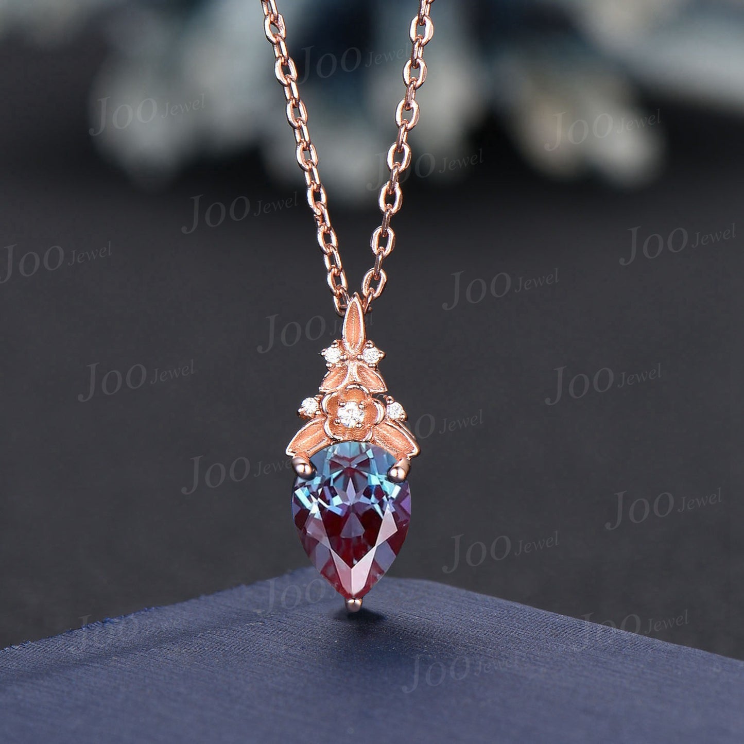 Pear Cut Color-Change Alexandrite Necklace Solid 14K Rose Gold Nature Inspired Floral Alexandrite Pendant for Women June Birthstone Gifts