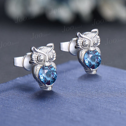 Cute Owl Alexandrite Stud Earrings Sterling Silver Round Color-Change Alexandrite Hypoallergenic Earrings Animal Inspired Gemstone Jewelry