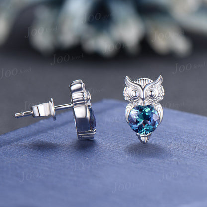 Cute Owl Alexandrite Stud Earrings Sterling Silver Round Color-Change Alexandrite Hypoallergenic Earrings Animal Inspired Gemstone Jewelry