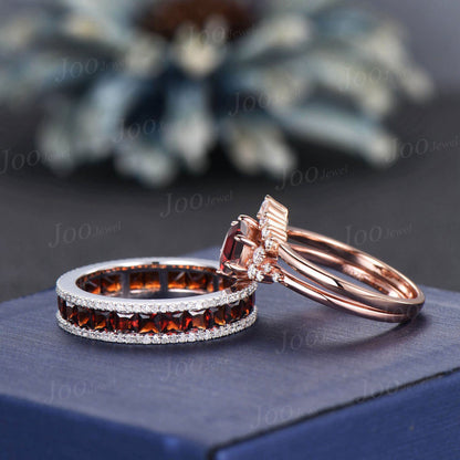 1ct Round Natural Red Garnet Bridal Set for Women Red Engagement Ring Unique Couple Ring Set Men Full Eternity Men Band Unique Promise Ring