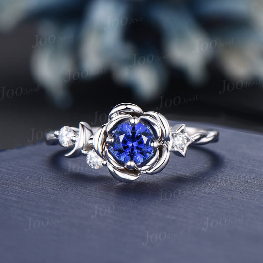 Nature Inspired Natural Blue Sapphire Diamond Ring Rose Flower Wedding Ring Moon Star Proposal Ring Unique September Birthday Gifts Women