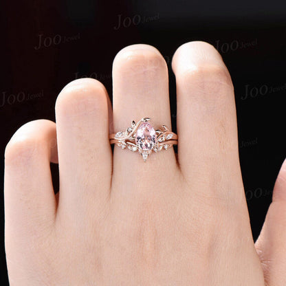Pear Cut Natural Pink Morganite Diamond Leaf Engagement Ring Set 14K Rose Gold Branch Nature Inspired Real Diamond Morganite Wedding Ring