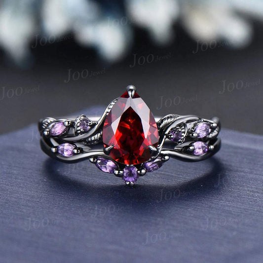 Twig Vine Natural Garnet Amethyst Black Gold Bridal Set January Birthstone 1.25ct Pear Nature Inspired Garnet Ring Red Crystal Wedding Ring