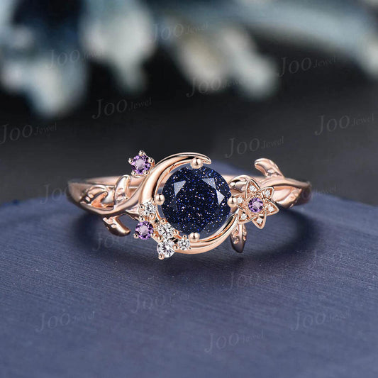 Nature Inspired Round Galaxy Blue Sandstone Amethyst Wedding Ring Unique Moon Leaf Vine Blue Goldstone Engagement Ring Art Deco Promise Ring