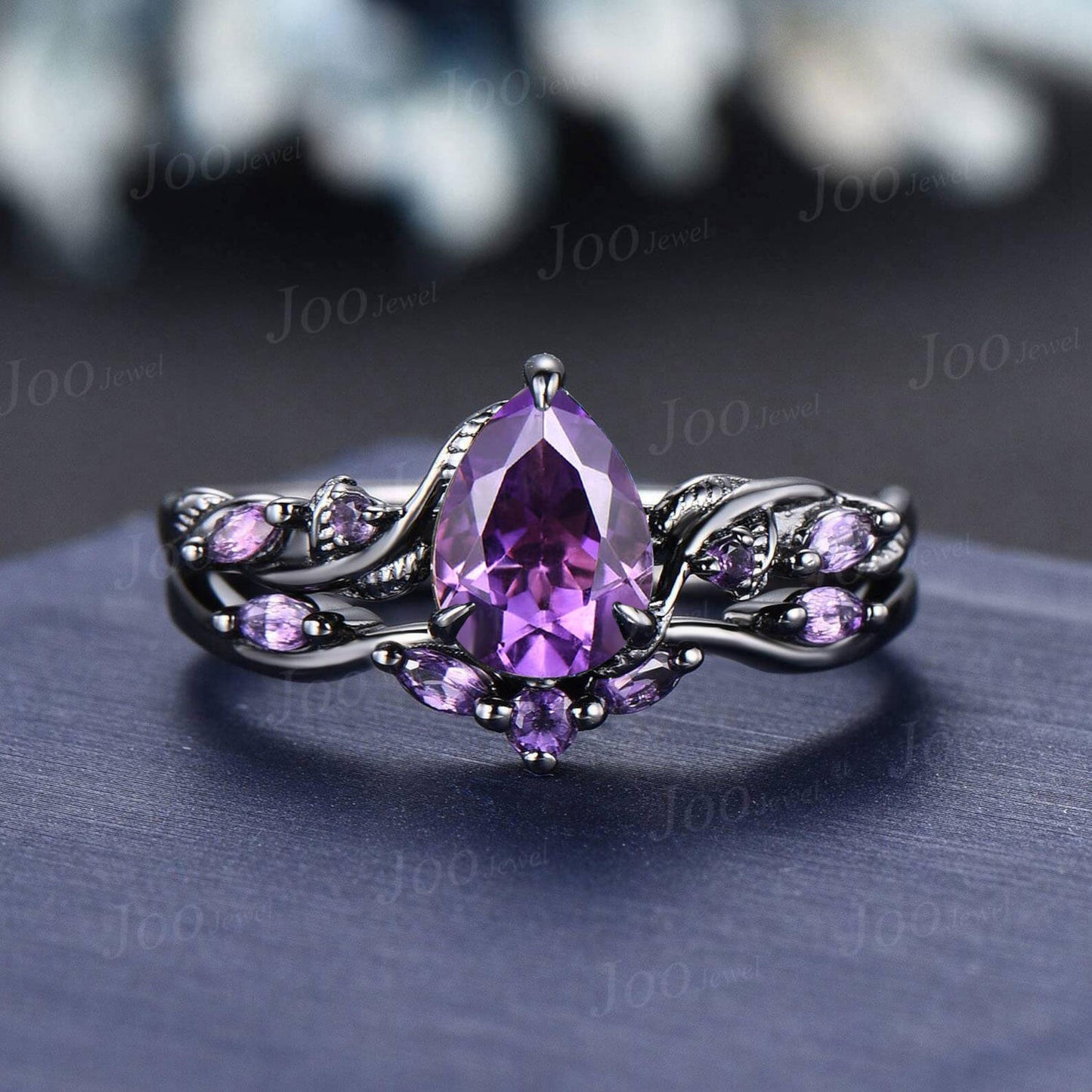 Twig Vine Natural Amethyst Black Gold Bridal Set February Birthstone 1.25ct Pear Nature Inspired Amethyst Ring Purple Crystal Wedding Ring