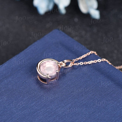 1ct Round Natural Rose Quartz Necklace Silver/14K Yellow Gold Half Moon Pink Gemstone Chain Necklace Valentine's Day Jewelry Gift for Couple