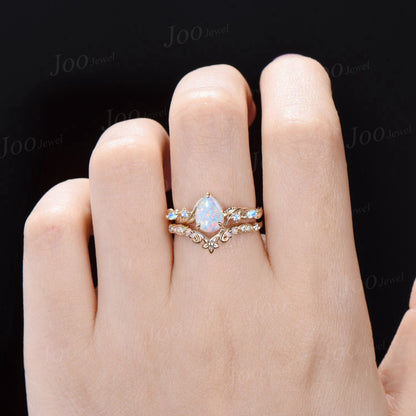 14K Yellow Gold Fire Opal Ring Set Pear White Opal Moonstone Nature Engagement Ring Opal Floral Rose Wedding Band October Birthstone Gifts
