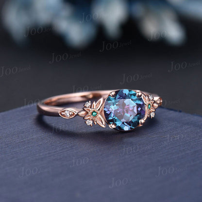 Vintage Kite Alexandrite Engagement Ring Rose Gold Leaf Flower Emerald Ring for Women Unique Cluster Diamond Art Deco Bridal Wedding Ring