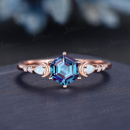 1ct Hexagon Color-Change Alexandrite Ring Set Vintage Rose Gold Unique Opal Moon Engagement Ring Set Women Gemstone Anniversary Ring Gifts