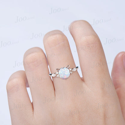 Cat Engagement Ring Vintage Opal Moissanite Promise Ring Animal Cat Shaped Wedding Ring Peekaboo Kitten Unique Gemstone Gifts for Cat Lover