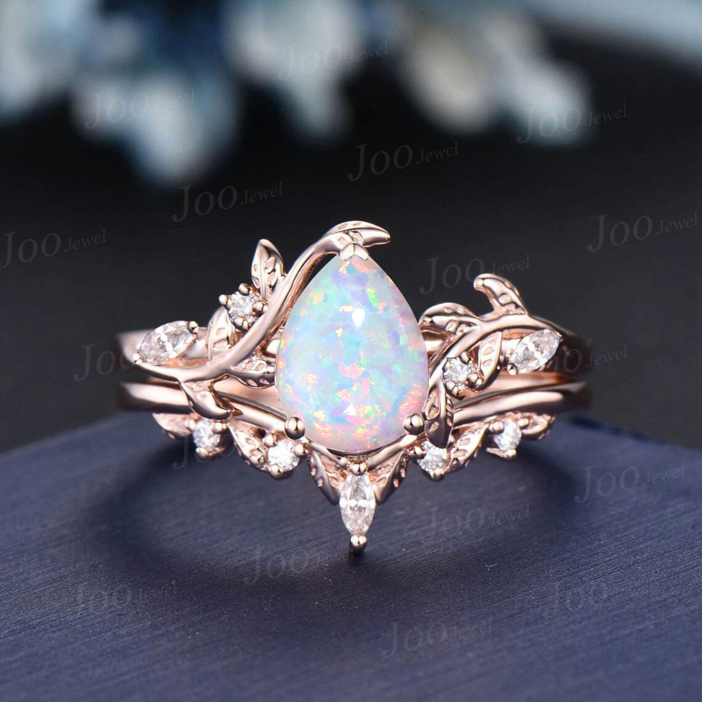 1.25ct Nature Inspired White Opal Moissanite Ring Pear Shaped Opal Twig Engagement Ring Set Branch Bridal Set October Birthstone Gift Women