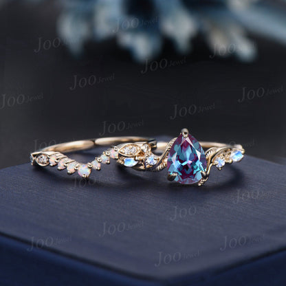Twig Vine Color-Change Alexandrite Moonstone Ring Set 10K Gold 1.25ct Nature Inspired Pear Alexandrite Engagement Rings Opal Wedding Band