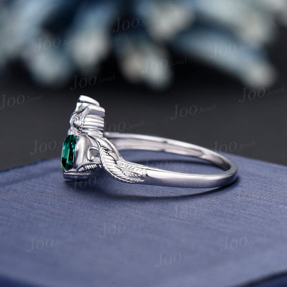 Unique Branch Twig Vine Owl Engagement Ring 5mm Round Green Emerald Nature Wedding Ring Antique Owl Feather Animal Inspired Emerald Jewelry