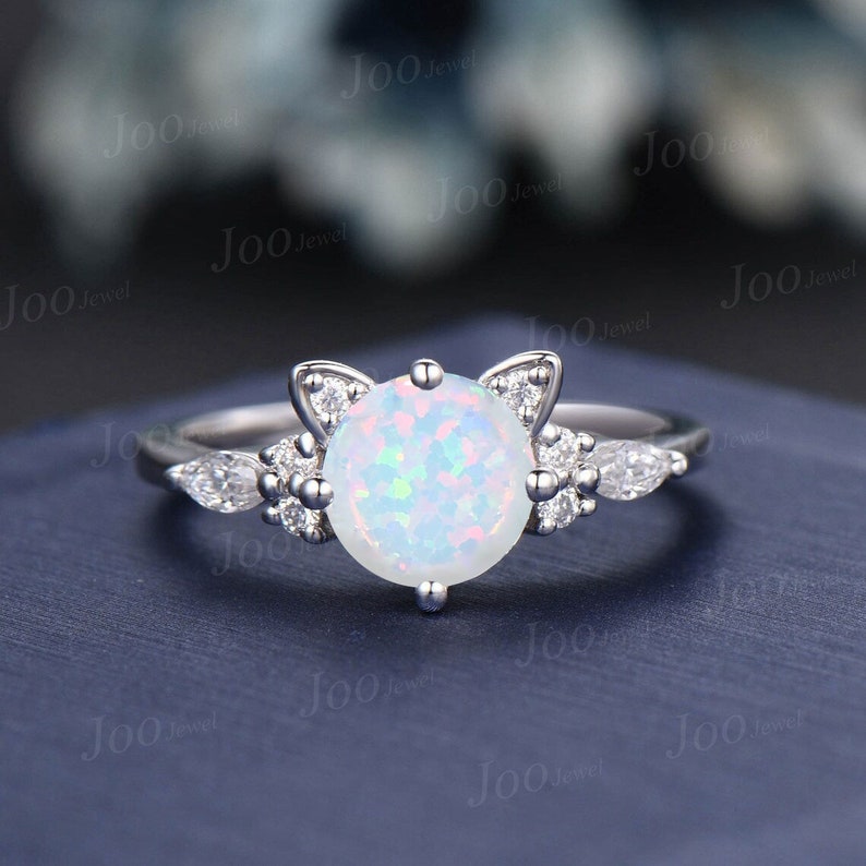 Cat Engagement Ring Vintage Opal Moissanite Promise Ring Animal Cat Shaped Wedding Ring Peekaboo Kitten Unique Gemstone Gifts for Cat Lover