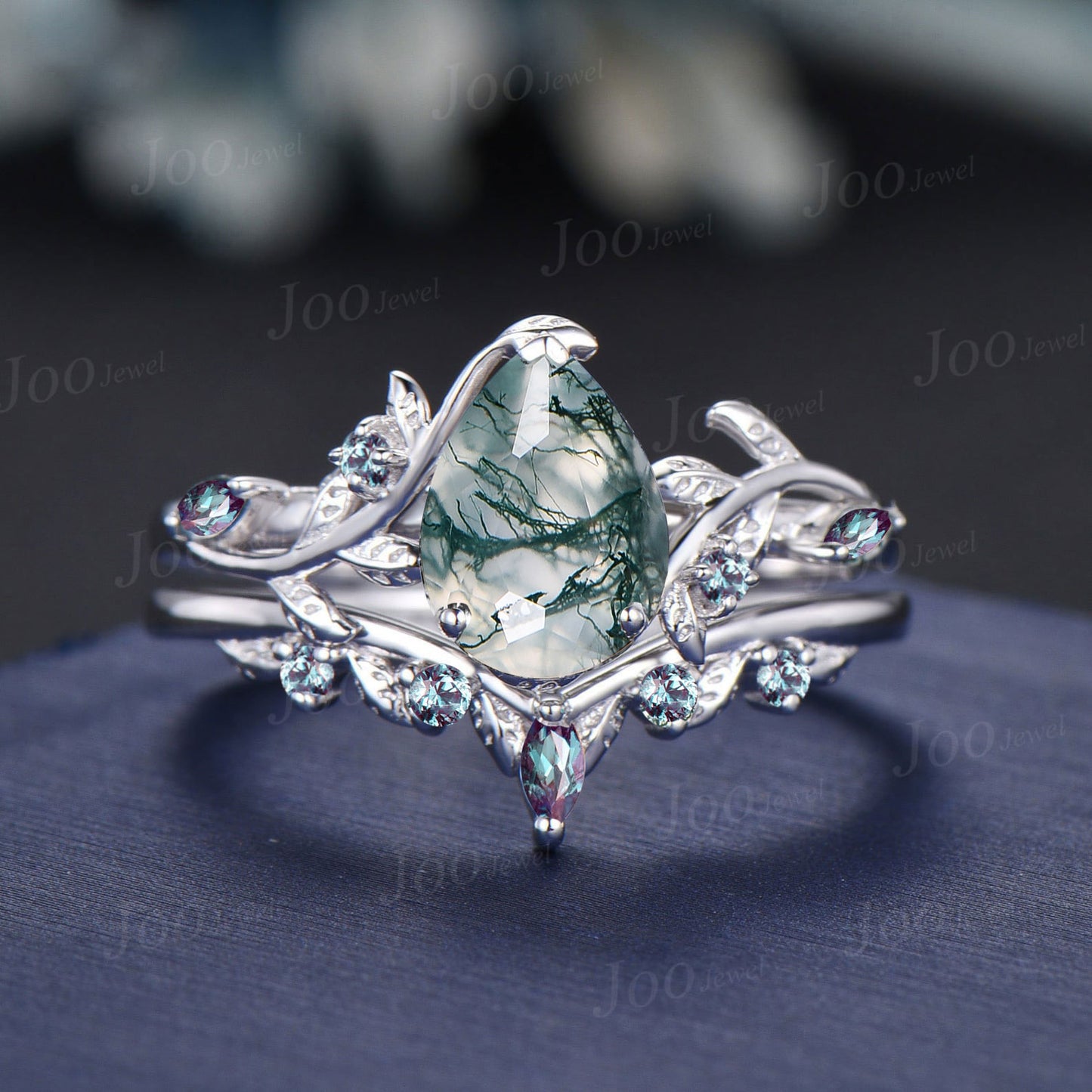 1.25ct Pear Natural Moss Agate Alexandrite Ring Set Sterling Silver Art Deco Engagement Ring Nature Inspired Branch Leaf Bridal Promise Set