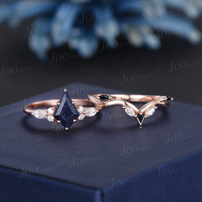 Galaxy Blue Goldstone Kite Engagement Ring Set 14K Rose Gold Marquise Moissanite Black Spinel Bridal Ring Unique Anniversary/Promise Gifts
