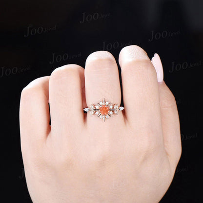 Round Cut Nature Sunstone Ring Sun Engagement Ring Orange Gemstone Jewelry Starburst Moon Ring for Women Unique Healing Stone Ring Gifts