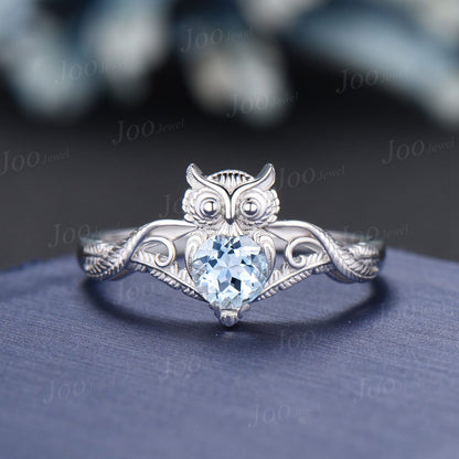 Unique Branch Twig Vine Owl Engagement Ring 14K White Gold Round Natural Aquamarine Wedding Ring Antique Owl Feather Nature Inspired Jewelry