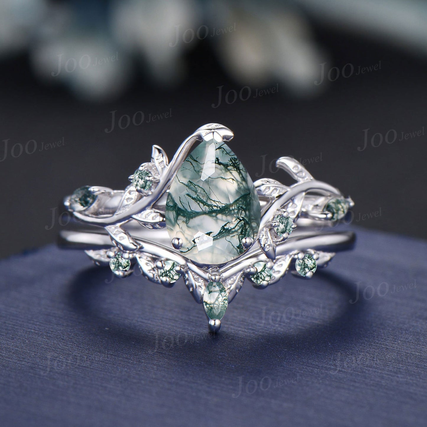 1.25ct Pear Natural Moss Agate Alexandrite Ring Set Sterling Silver Art Deco Engagement Ring Nature Inspired Branch Leaf Bridal Promise Set