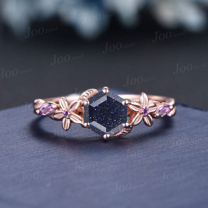 1ct Nature Inspired Hexagon Galaxy Blue Sandstone Engagement Ring Set Rose Flower Amethyst Wedding Ring 14K Rose Gold Floral Leaf Ring Gifts