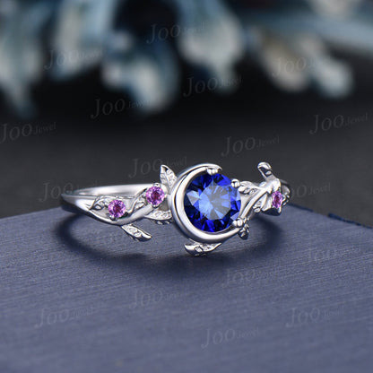 Moon Star Blue Sapphire Amethyst Wedding Ring Vintage 5mm Round Sapphire Nature Inspired Engagement Ring September Birthstone Birthday Gift