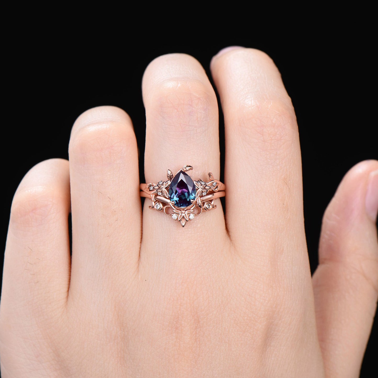 Celtic Twig Vine Pear Color-Change Alexandrite Diamond Ring Set Nature Inspired Leaf Engagement Ring 14K Rose Gold Trinity Knot Moon Rings