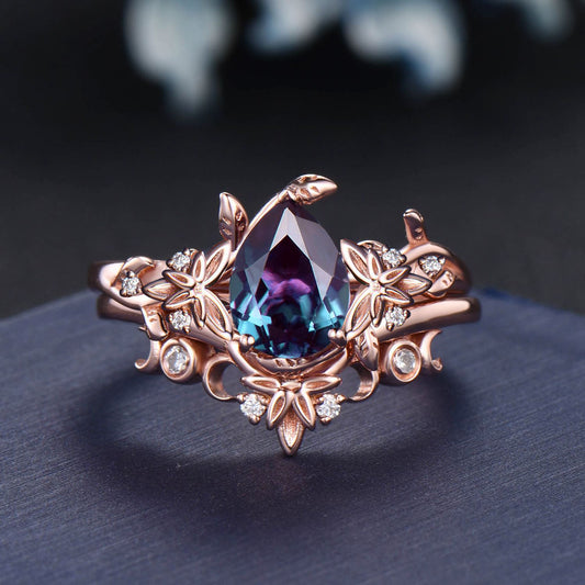 Celtic Twig Vine Pear Color-Change Alexandrite Diamond Ring Set Nature Inspired Leaf Engagement Ring 14K Rose Gold Trinity Knot Moon Rings