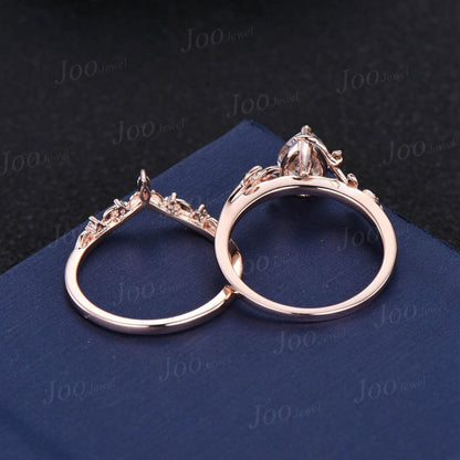 1.25ct Pear Cut Galaxy Starry Sky Blue Sandstone Engagement Ring Set 14K Rose Gold Leaf Branch Nature Inspired Black Wedding Ring for Women