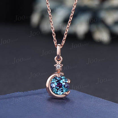 Round Color-Change Alexandrite Moonstone Drop Necklace 14K Rose Gold Moon Star Bridal Wedding Necklace Unique Valentine's Day Gift for Women