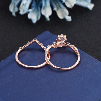 Twig Vine Moissanite Engagement Ring Set 14K Rose Gold 1.25ct Pear Lab Grown Diamond Wedding Ring Set with IGI Certificate Branch Bridal Set