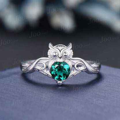 Unique Branch Twig Vine Owl Engagement Ring 5mm Round Green Emerald Nature Wedding Ring Antique Owl Feather Animal Inspired Emerald Jewelry
