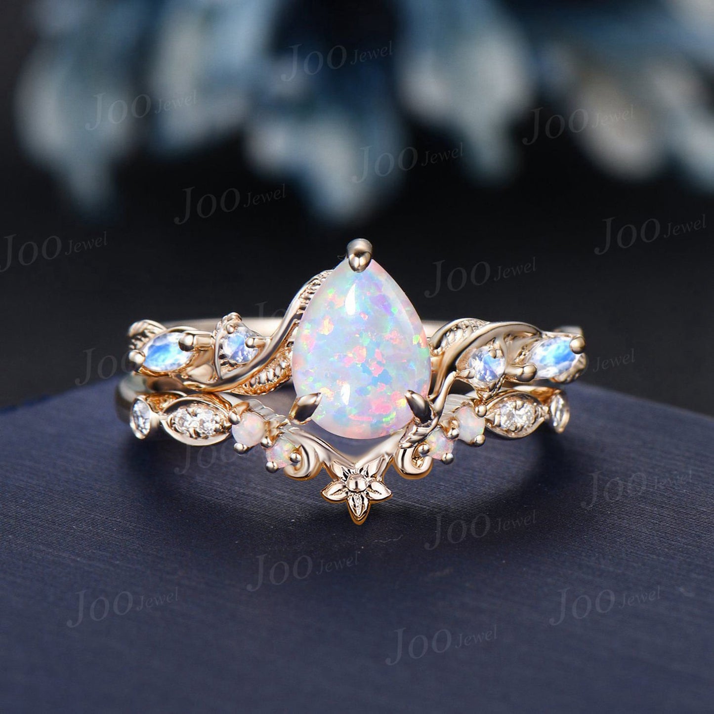 14K Yellow Gold Fire Opal Ring Set Pear White Opal Moonstone Nature Engagement Ring Opal Floral Rose Wedding Band October Birthstone Gifts