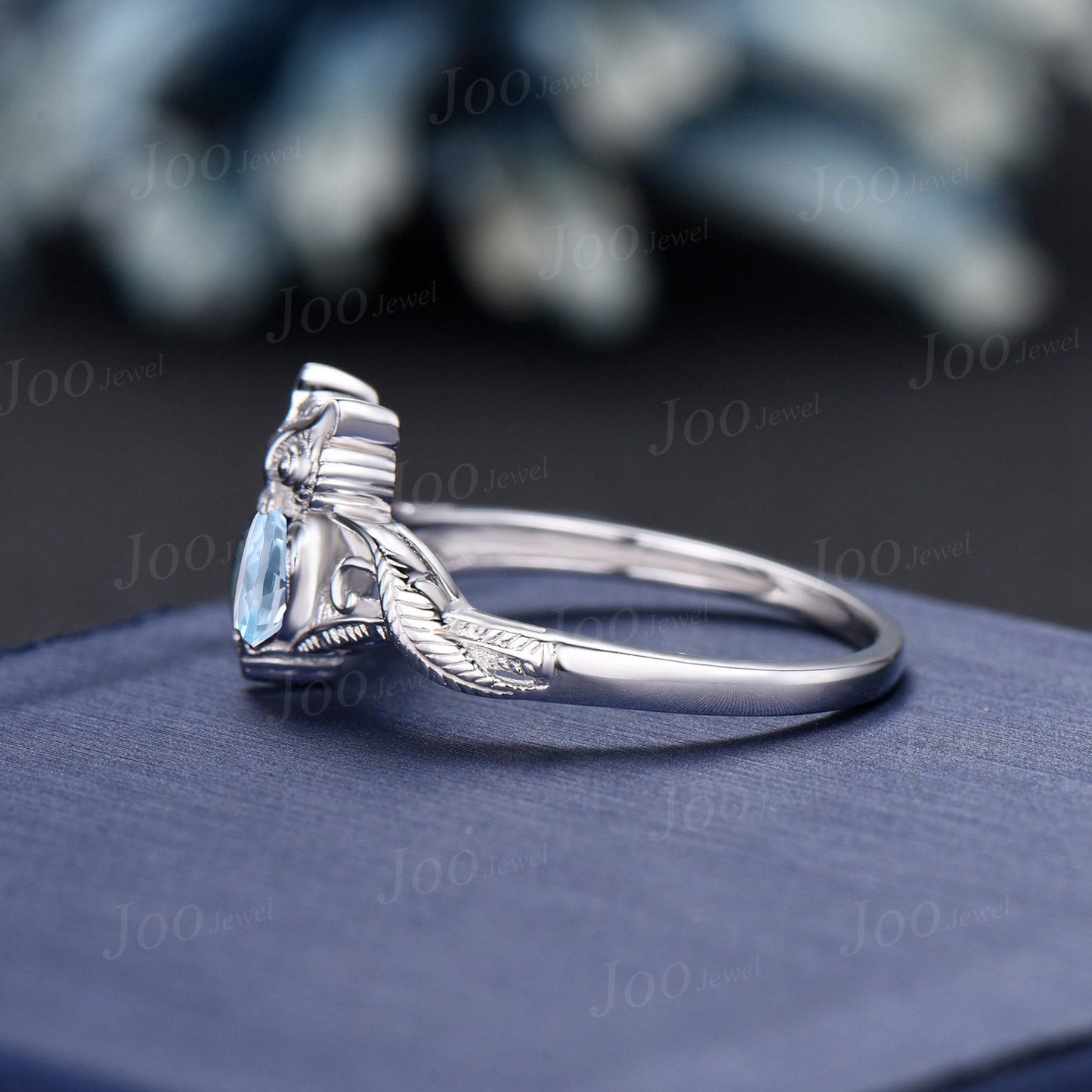 Unique Branch Twig Vine Owl Engagement Ring 14K White Gold Round Natural Aquamarine Wedding Ring Antique Owl Feather Nature Inspired Jewelry