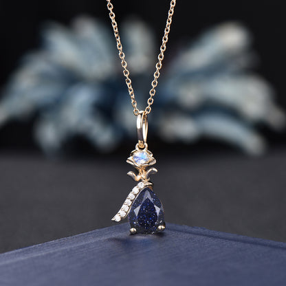 1.25ct Pear Galaxy Blue Sandstone Pendant Solid Gold Moonstone Floral Wedding Necklace Unique Handmade Proposal/Christmas Gifts for Women