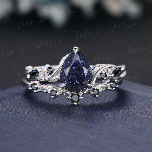 1.25ct Pear Galaxy Starry Sky Blue Sandstone Nature Engagement Ring Set 14K White Gold Leaf Branch Twig Vine Black Wedding Ring for Women
