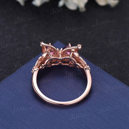 Unique Amethyst Opal Butterfly Engagement Ring 14K Solid Rose Gold Filigree Hollow Crafts Vintage Fantasy Bridal Set Butterfly Wedding rings