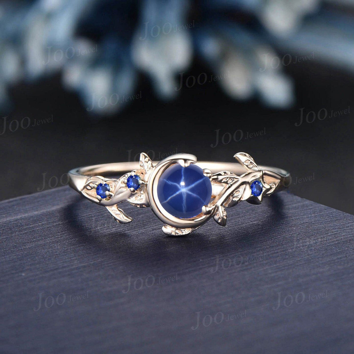 5mm Nature Inspired Round Cut Star Sapphire Moon Engagement Ring Blue Sapphire Wedding Ring Cluster Star Blue Ring Unique Personalized Gifts