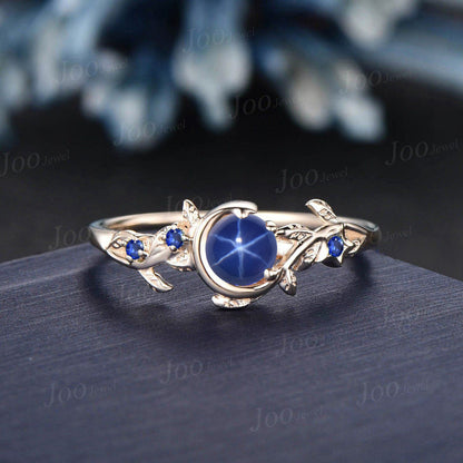 5mm Nature Inspired Round Cut Star Sapphire Moon Engagement Ring Blue Sapphire Wedding Ring Cluster Star Blue Ring Unique Personalized Gifts