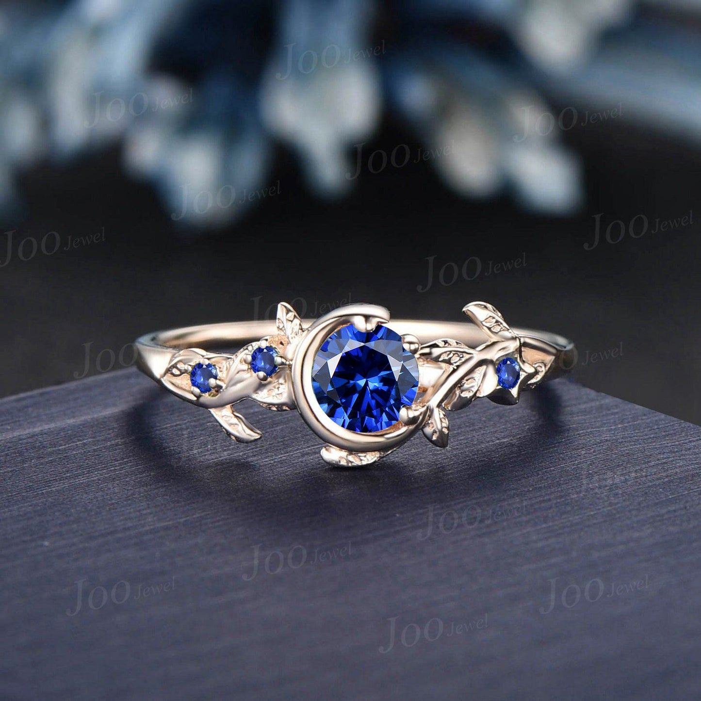 Nature Inspired Leaf Blue Sapphire Wedding Ring Moon Star Design Vintage Round Sapphire Engagement Ring September Birthstone Birthday Gifts