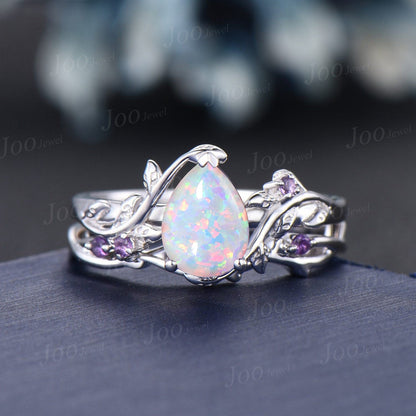 1.25ct Twig Vine White Opal Bridal Set Unique Sterling Silver Pear Shaped Fire Opal Amethyst Nature Wedding Ring Leaf Branch Promise Rings