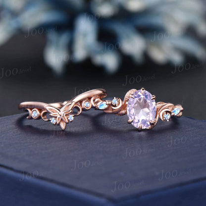 Crescent Moon Wedding Ring Oval Natural Lavender Amethyst Bridal Set 14K Rose Gold Nature Inspired Branch Vine Celtic Knot Moonstone Rings