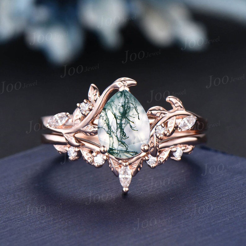 14K Rose Gold Nature Inspired Moss Agate Moissanite Bypass Wedding Ring Vintage Branch Twig Design 1.25CT Pear Natural Agate Stone Ring Set