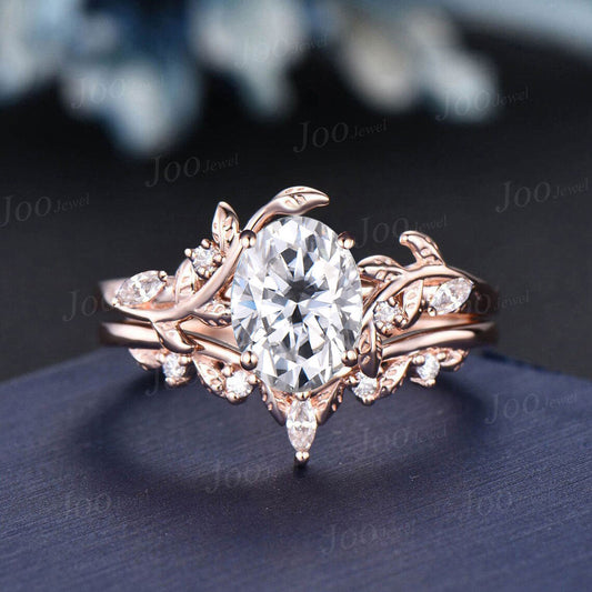 1.5ct Oval Cut Moissanite Wedding Ring Set Leaf Diamond Bridal Set Vintage 14K Rose Gold Branch Vine Unique Women Wedding Anniversary Gifts