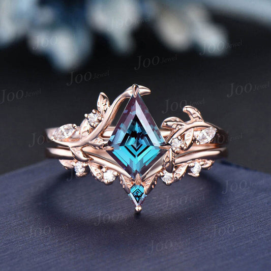 Unique 1ct Kite Bridal Set 10K Rose Gold Vintage Color-Change Alexandrite Diamond Engagement Ring Cluster Nature Leaf Wedding Ring For Women