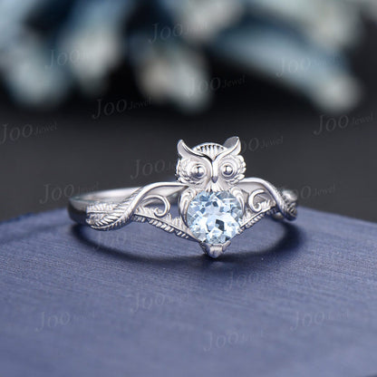 Unique Branch Twig Vine Owl Engagement Ring 14K White Gold Round Natural Aquamarine Wedding Ring Antique Owl Feather Nature Inspired Jewelry