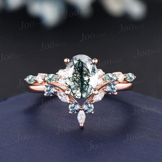 Vintage 1.5ct Oval Natural Moss Agate Engagement Ring Set 14K Rose Gold Moss Agate Alexandrite Ring Women Agate Moissanite Wedding Ring Set