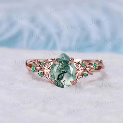 Celtic Knot Twig Vine Moss Agate Engagement Ring Set Green Gemstone Jewelry 1.5ct Oval Cut Green Emerald Moss Agate Branch Vine Bridal Set