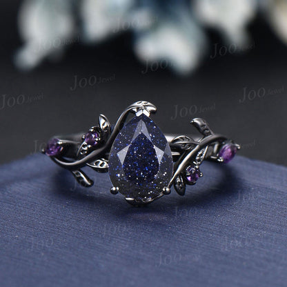 Pear Galaxy Blue Sandstone Amethyst Engagement Ring Set Vintage 14k Black Gold Wedding Ring Starry Sky Blue Goldstone Bridal Ring for Women