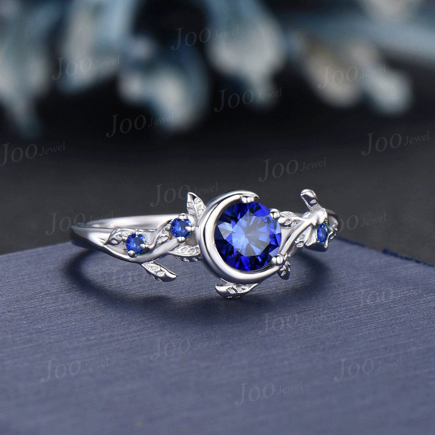 Nature Inspired Leaf Blue Sapphire Wedding Ring Moon Star Design Vintage Round Sapphire Engagement Ring September Birthstone Birthday Gifts